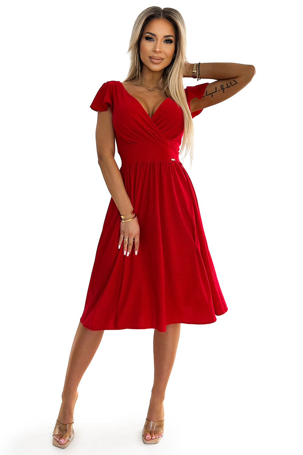 Numoco 425-9 MATILDE Dress with a neckline and short sleeves - red with glitter-5