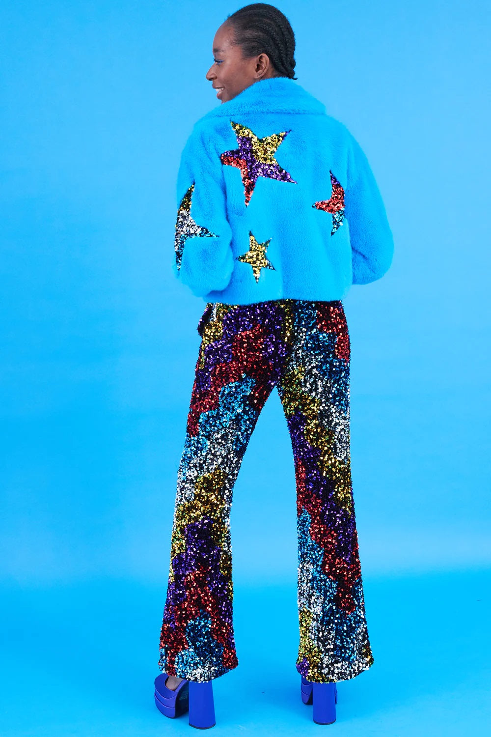 Jachetă albastră din blană artificială de bambus cu paiete și stea