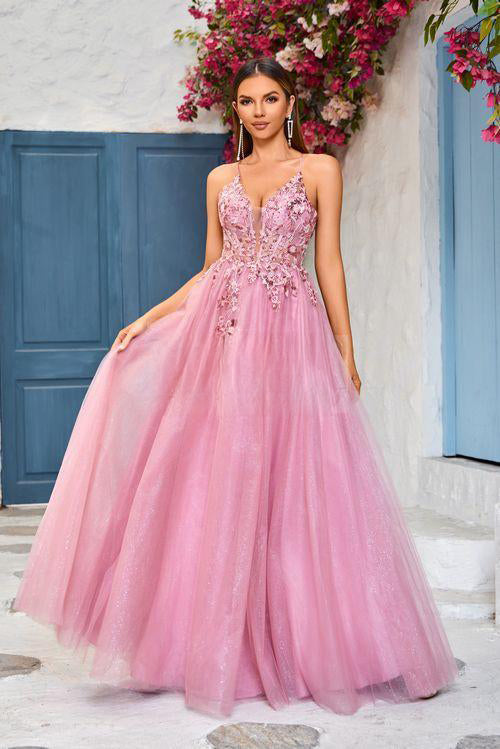 Rochie din dantelă, linie A, cu decolteu în V - Albastru smarald și nuanțe de roz gheață | Se livrează din SUA