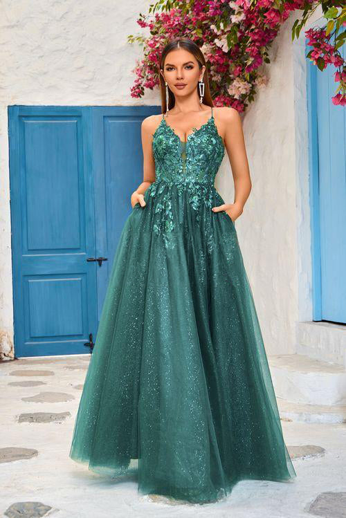 Rochie din dantelă, linie A, cu decolteu în V - Albastru smarald și nuanțe de roz gheață | Se livrează din SUA