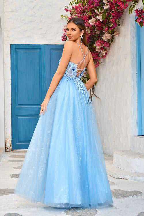 Rochie din dantelă, linie A, cu decolteu în V - Albastru smarald și nuanțe de roz gheață | Se livrează din SUA