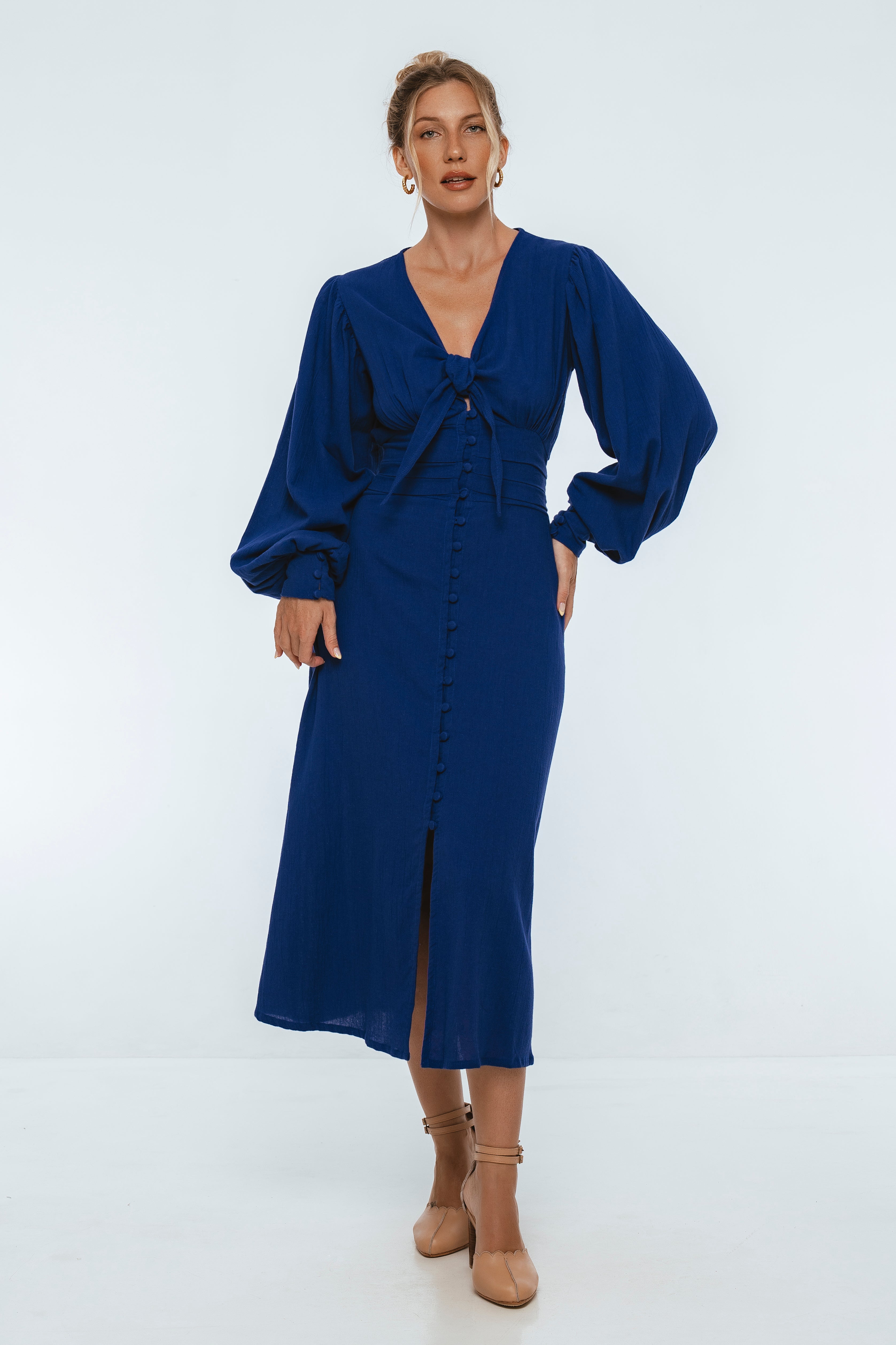 Velvet Sky Long Sleeve Linen Midi Dress-5