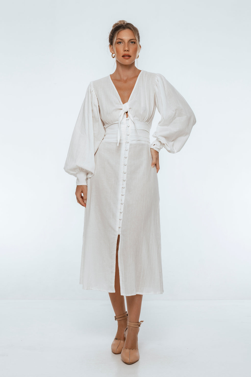 Velvet Sky Long Sleeve Linen Midi Dress-2