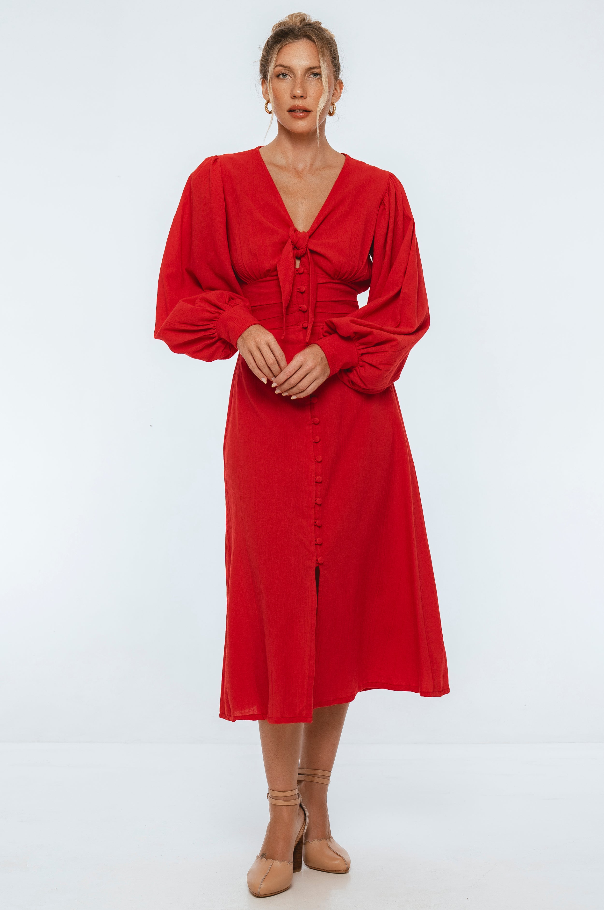 Velvet Sky Long Sleeve Linen Midi Dress-7