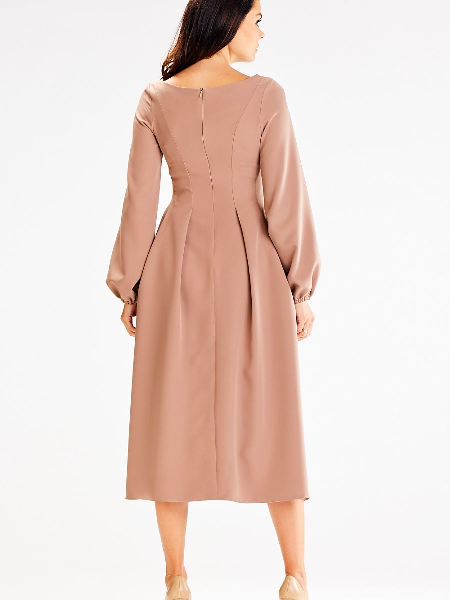 Rochie de zi bej Awama, lungime midi, cu mâneci lungi