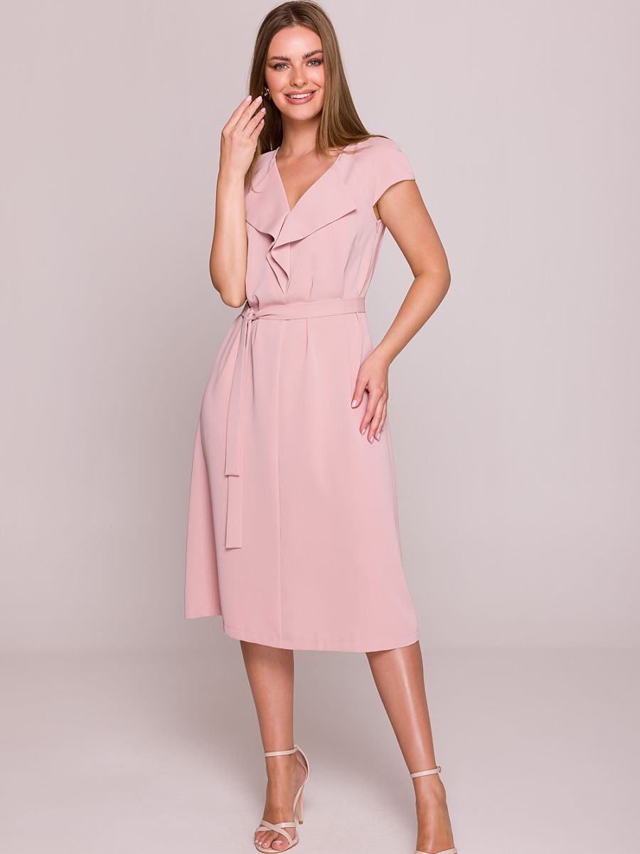 فستان كوكتيل وردي من ستايلوف، متوسط ​​الطول، بفتحة رقبة على شكل حرف V، مع كشكشة للنساء