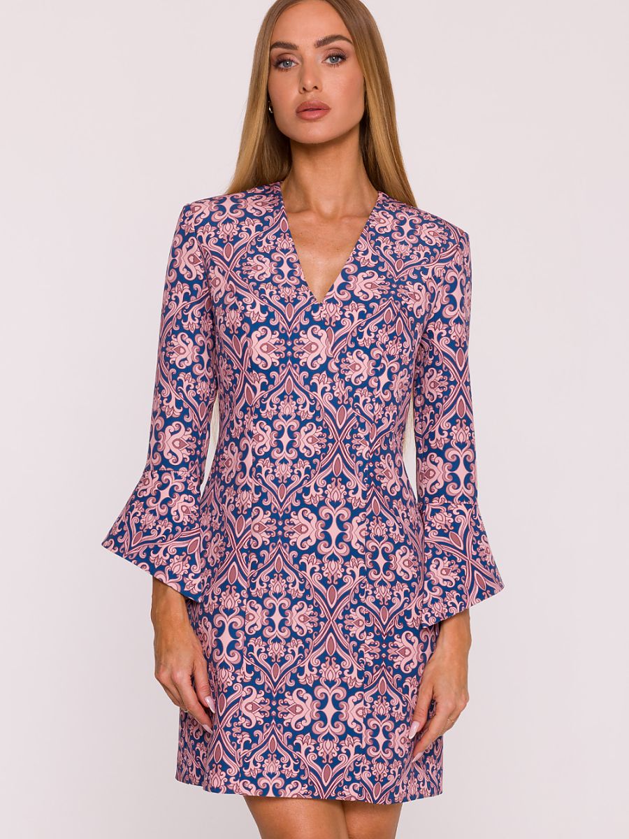 فستان نهاري متعدد الألوان بطبعة نباتية وأزهار مع رقبة على شكل حرف V وأكمام بطول 7/8