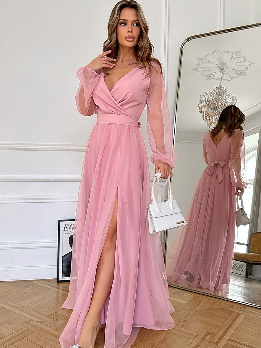 Bicotone Long Pink Evening Dress with Concealed Zipper