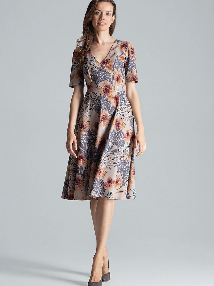 Rochie midi cu mânecă scurtă, fără căptușeală, și decolteu în formă de inimă