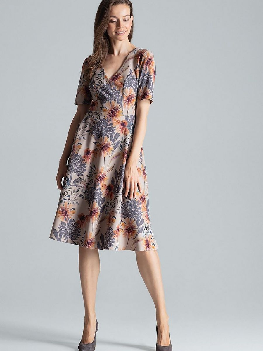 Rochie midi cu mânecă scurtă, fără căptușeală, și decolteu în formă de inimă