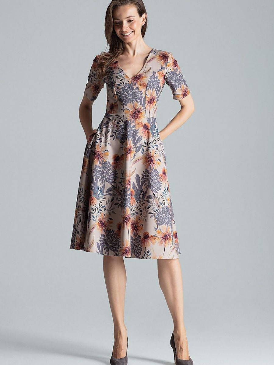 Rochie midi cu mânecă scurtă, fără căptușeală, și decolteu în formă de inimă