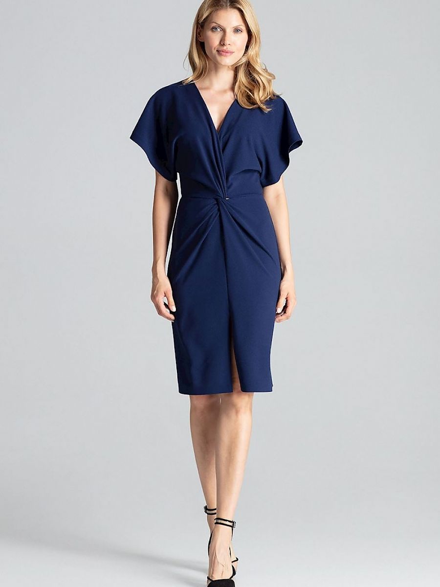 Rochie midi elegantă bleumarin cu mâneci kimono și decolteu în V