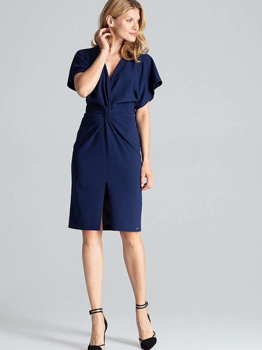 Rochie midi elegantă bleumarin cu mâneci kimono și decolteu în V