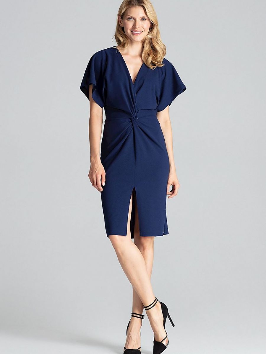 Rochie midi elegantă bleumarin cu mâneci kimono și decolteu în V