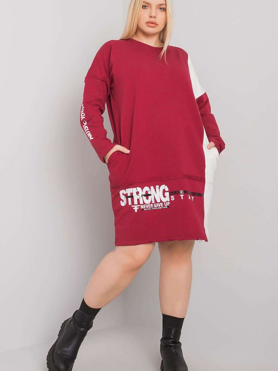Maroon One-Size Cotton Long Sleeve Day Dress with Pockets