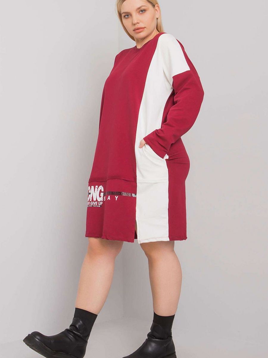 Maroon One-Size Cotton Long Sleeve Day Dress with Pockets