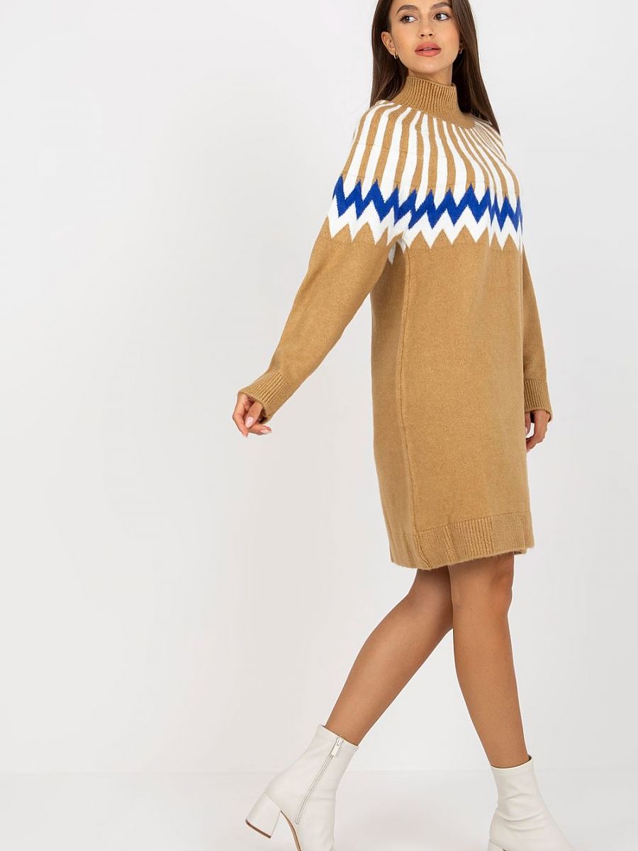 Brown Geometric Knit Day Dress Long Sleeve Turtleneck One Size | Rue Paris