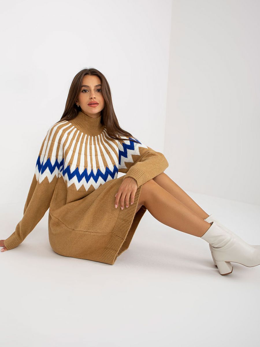 Brown Geometric Knit Day Dress Long Sleeve Turtleneck One Size | Rue Paris