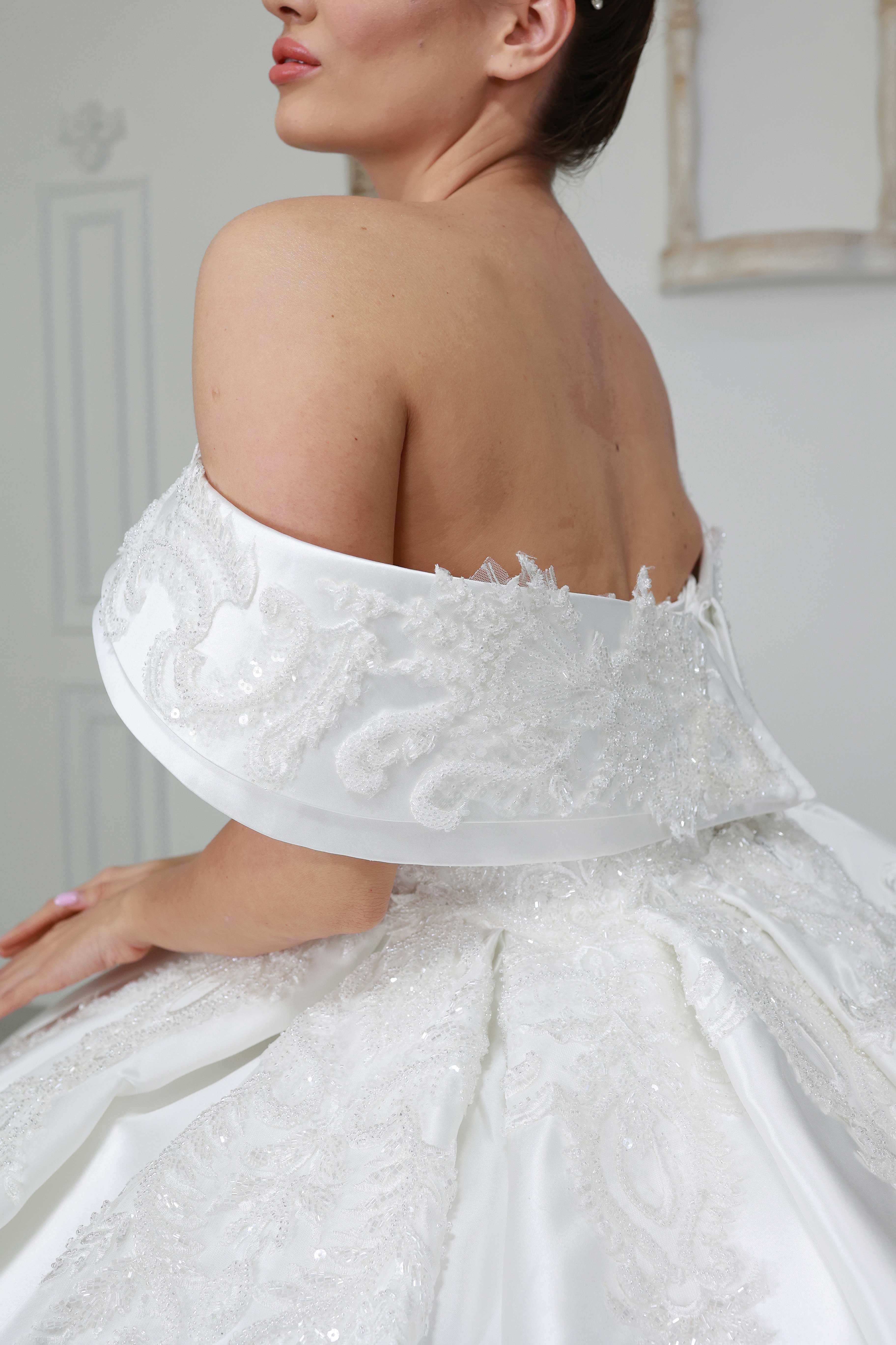 Luxurious Satin Ballgown Wedding Dress with Crystal Beads Sequins | Ships from Turkey