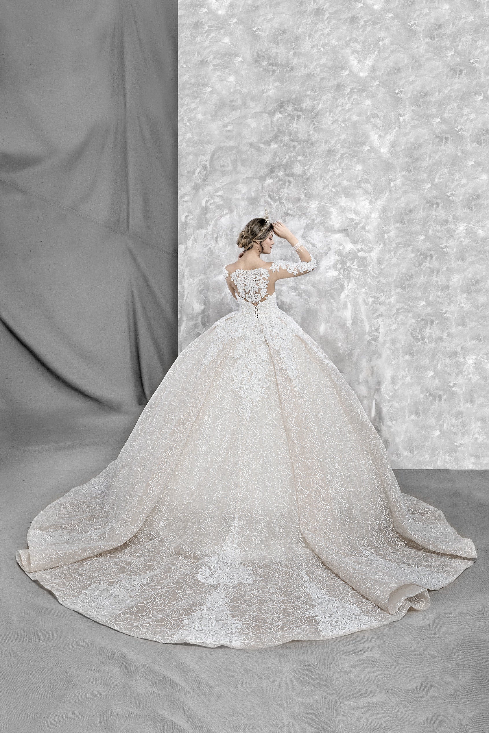 Cansu Glittery Ballgown Wedding Dress with Lace Details | Ships from Turkey