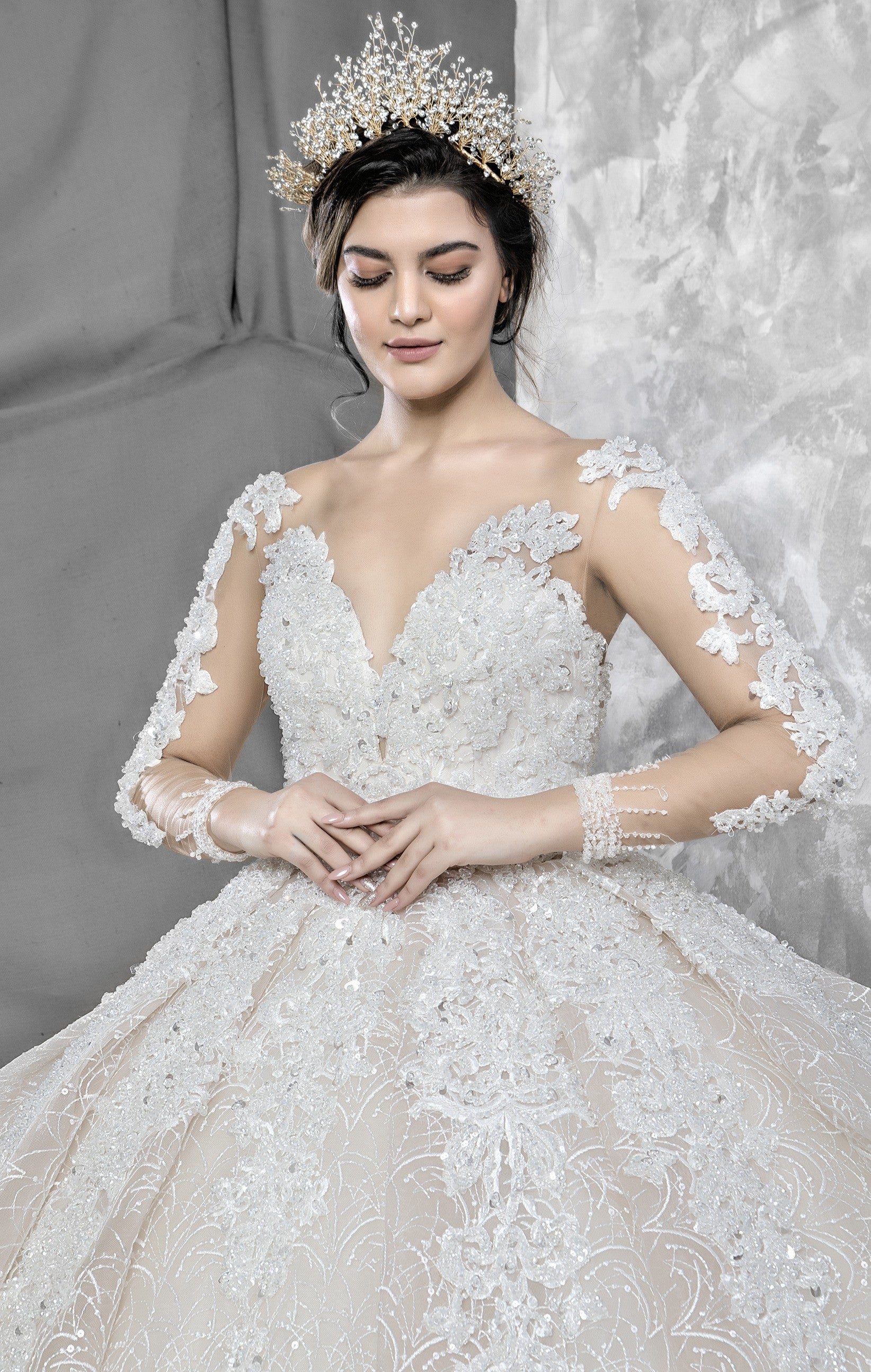 Cansu Glittery Ballgown Wedding Dress with Lace Details | Ships from Turkey