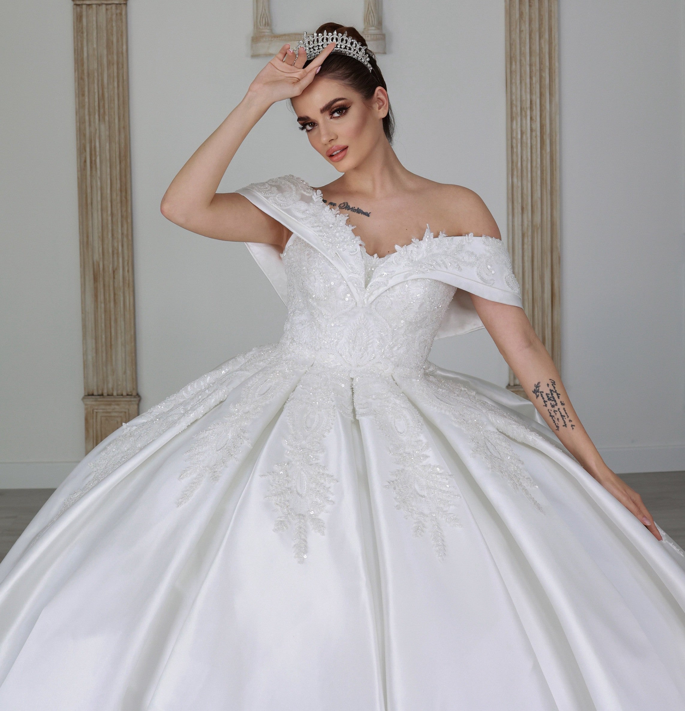 Luxurious Satin Ballgown Wedding Dress with Crystal Beads Sequins | Ships from Turkey