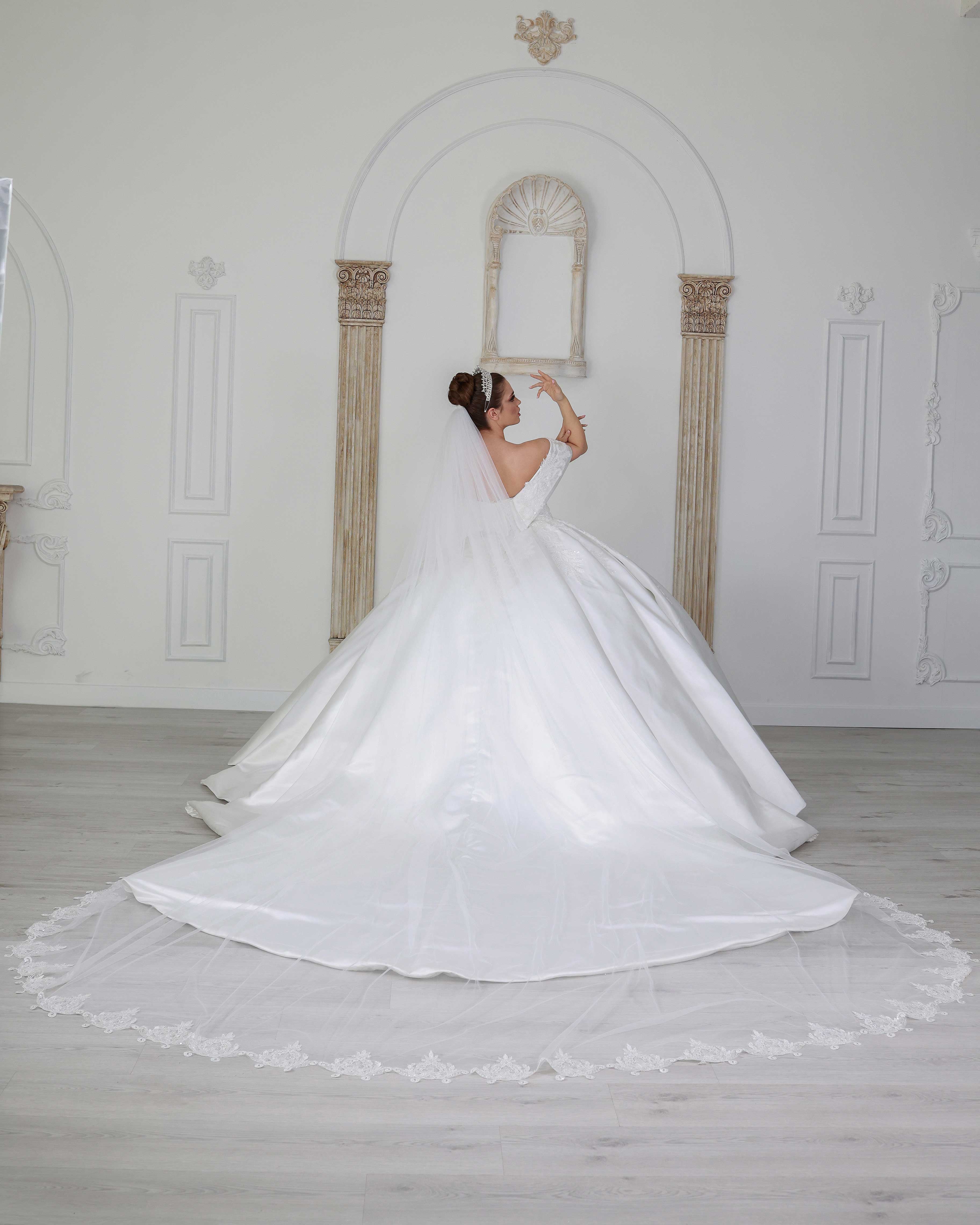Luxurious Satin Ballgown Wedding Dress with Crystal Beads Sequins | Ships from Turkey