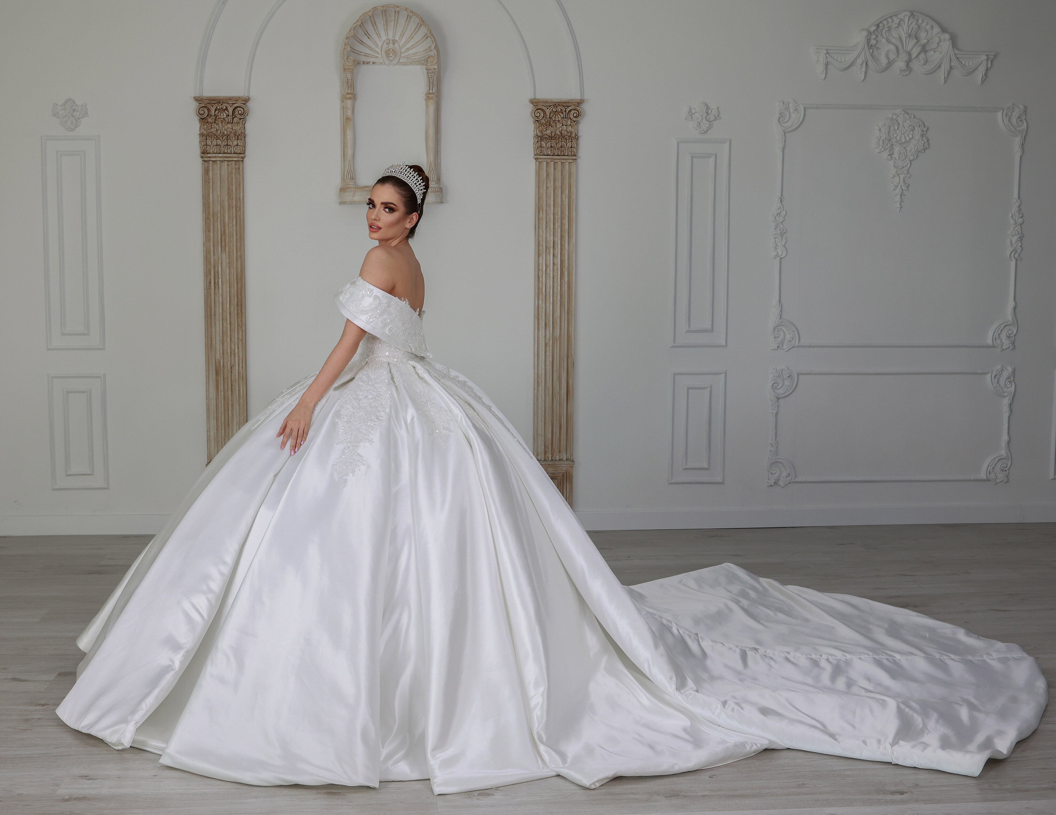 Luxurious Satin Ballgown Wedding Dress with Crystal Beads Sequins | Ships from Turkey