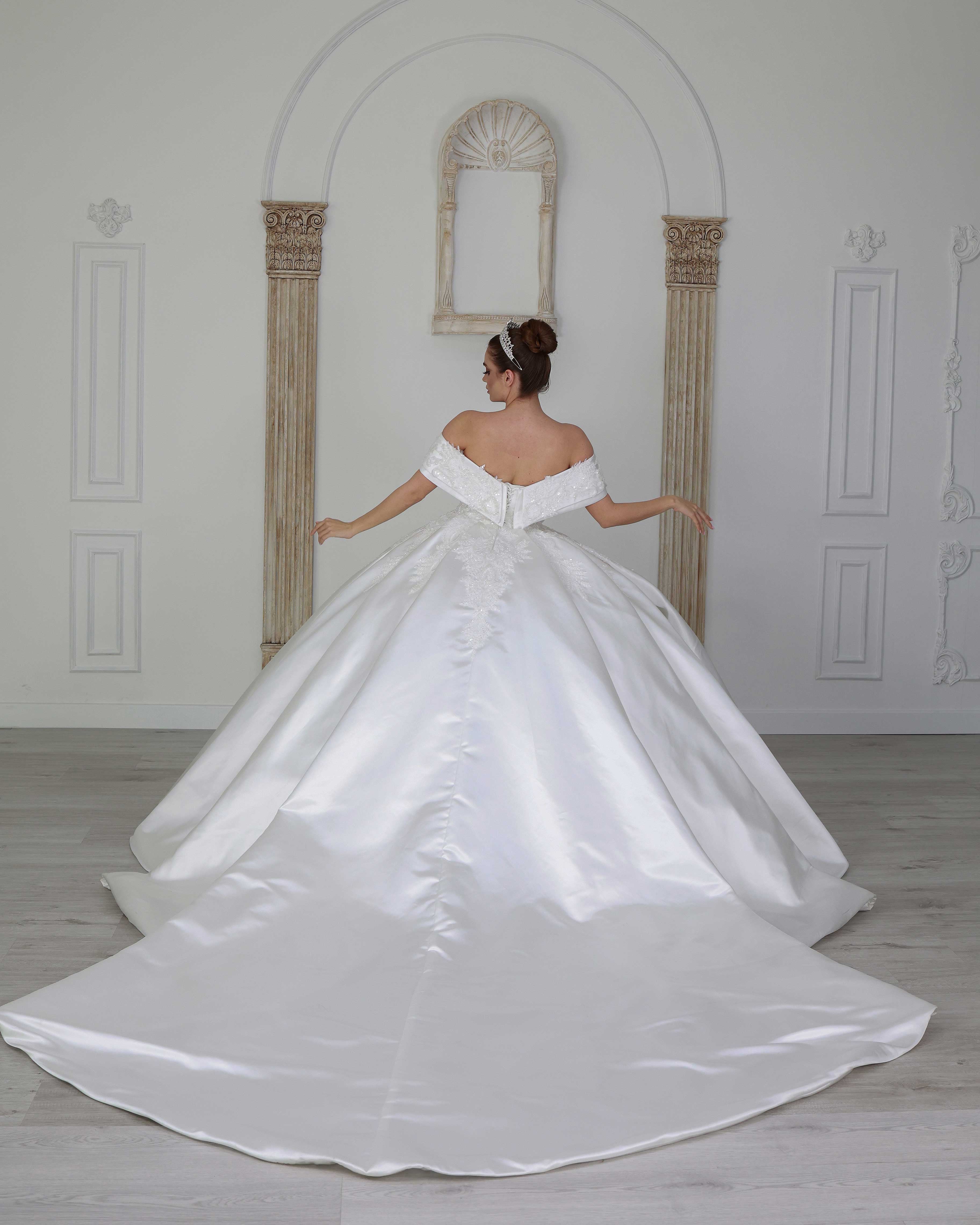 Luxurious Satin Ballgown Wedding Dress with Crystal Beads Sequins | Ships from Turkey