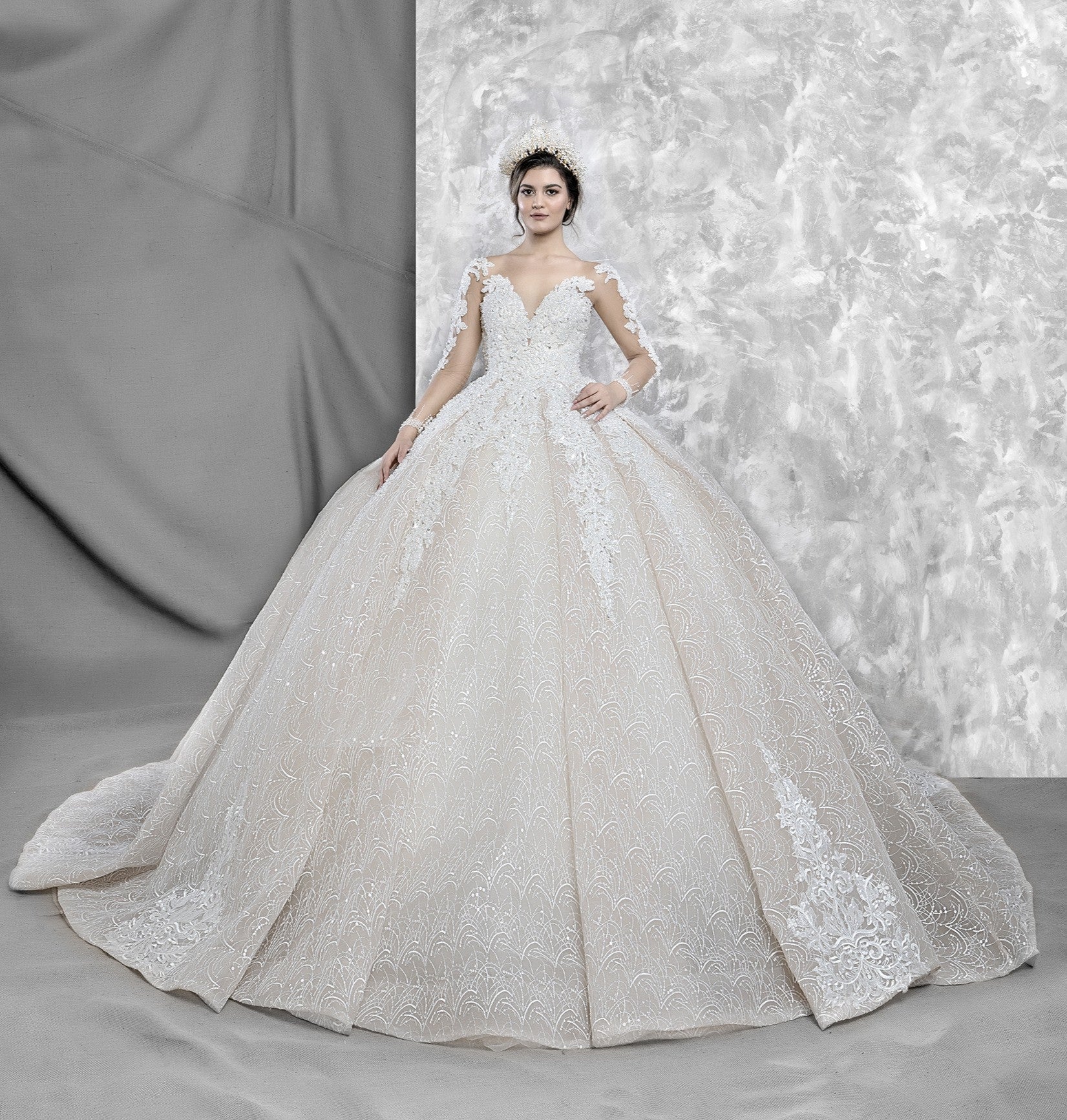 Cansu Glittery Ballgown Wedding Dress with Lace Details | Ships from Turkey