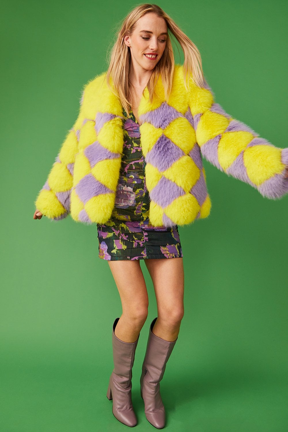 Delilah Yellow Purple Faux Fur Jacket-1